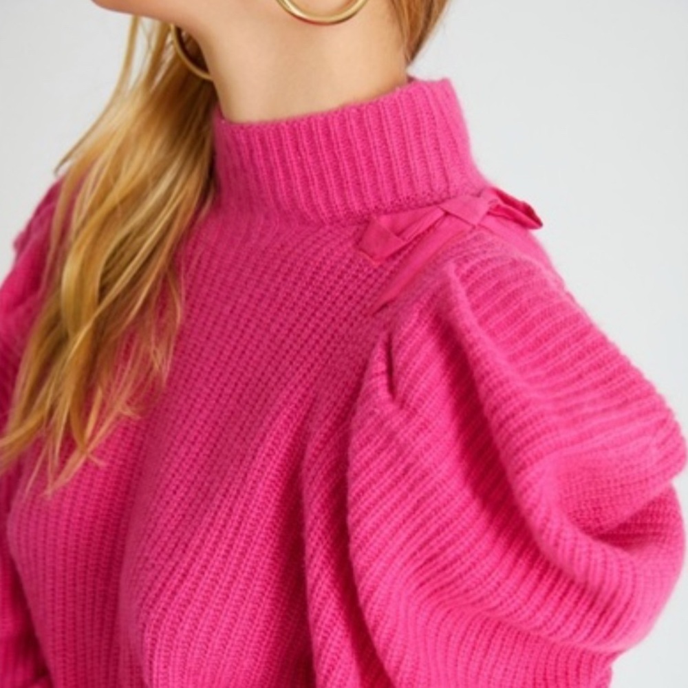 LoveShackFancy Potter Pullover XS — Pink Cashmere Bow Sweater, Puff Sleeves